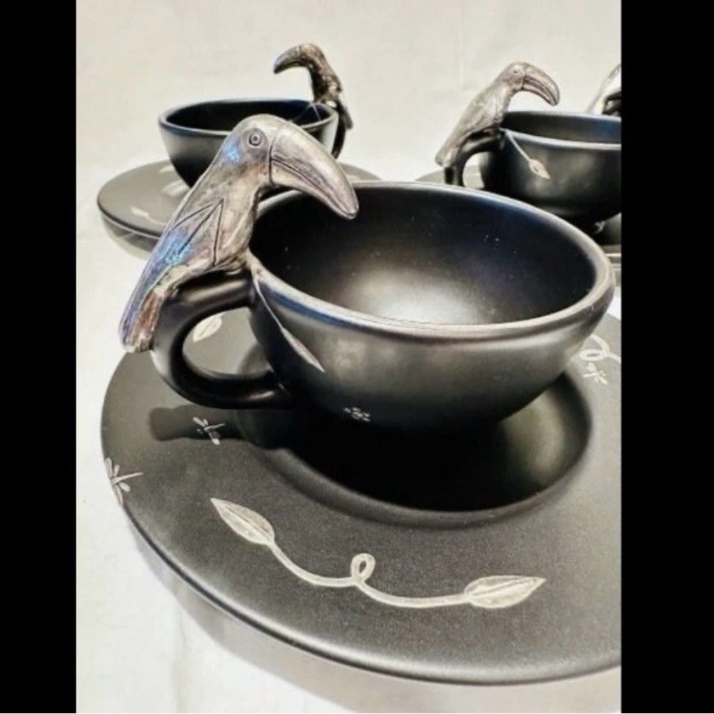 6 Vintage 1990s EMILIA CASTILLO Mexican silver ceramic TOUCAN cups Saucers Sets